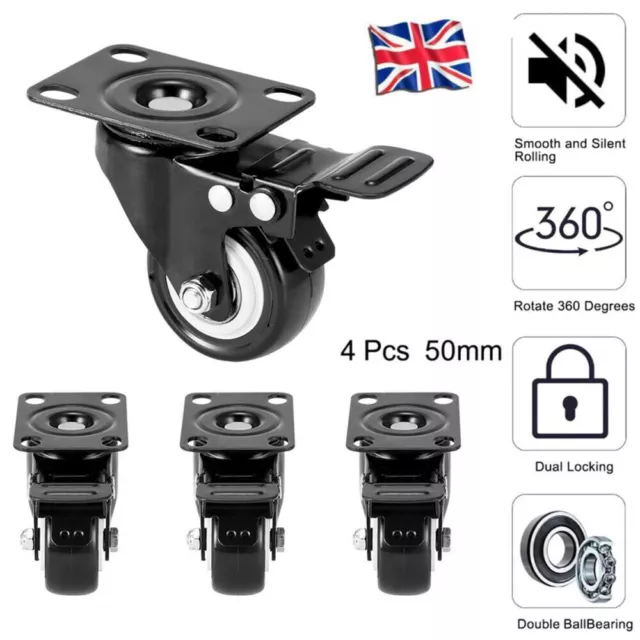 4 X Heavy Duty 50mm Swivel Castor Wheels Trolley Furniture Casters PU 200kg