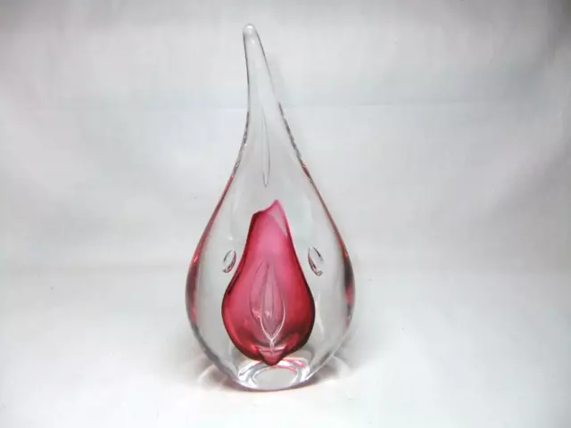 Adam Jablonski Teardrop Paperweight Hand Blown Polish Poland Art Glass Pink Red