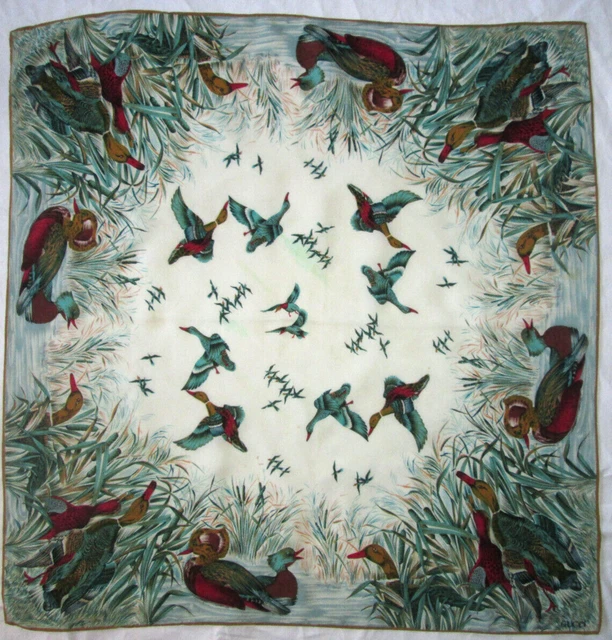 Foulard En Soie Vintage 84x87 Cm - Bord Vert, Voile De Soie Léger