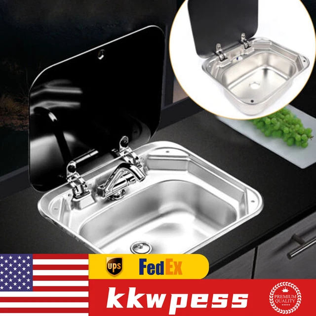 RV CARAVAN CAMPER Inset Sink & Drainer w/ Hinged Glass Lid & Cold&Hot