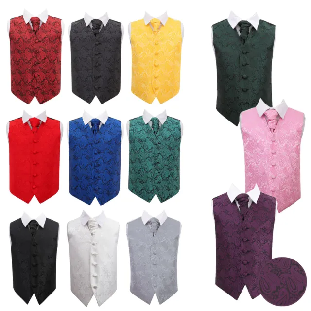 Boys Waistcoat Cravat Set Woven Floral Paisley Wedding Suit Vest All Sizes