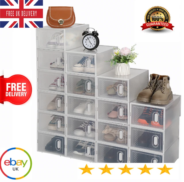 SHOE SHELF STORAGE Plastic Boxes Clear Stackable Foldable Durable ...