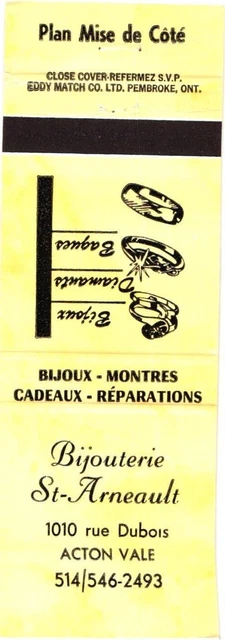 Acton Vale Quebec Canada St-Arneault Jewelry Store Vintage Matchbook Cover