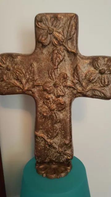 VTG Cross Statue w/ Embellished Dogwoods, Free-Standing or Hanger-Ready 12.75" H