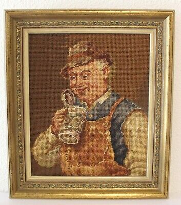 Vintage Needlepoint Finished Framed German Swiss Old Man With A Stein