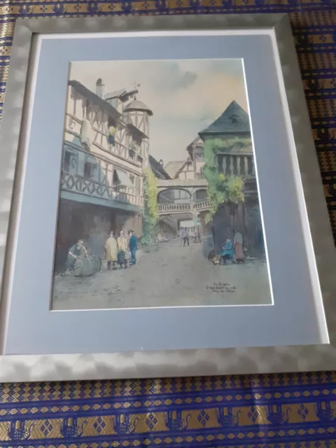 Encre Aquarelle de Charles FORGET 1886 - 1960 Cour du Corbeau Strasbourg Alsace