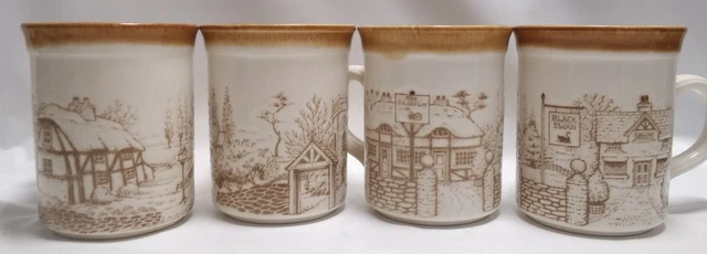 VTG Set of 4 Biltons 3D Emboss English Village Cottage Scene 9oz Mug Cup England