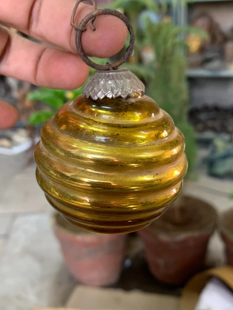 Vintage Old Yellow Glass Christmas Kugel Christmas Decor Hanging Glass Ornament