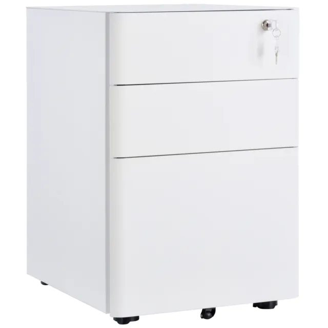 Vinsetto 3 Drawer Metal Filing Cabinet Lockable 5 Wheels Under Desk White