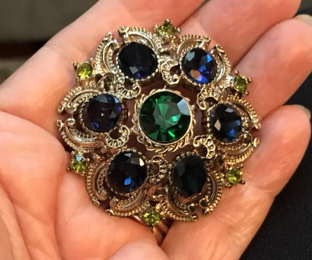 Vintage SQUIER Royal Blue & Deep Green Crystal Rhinestone Domed Brooch Pin