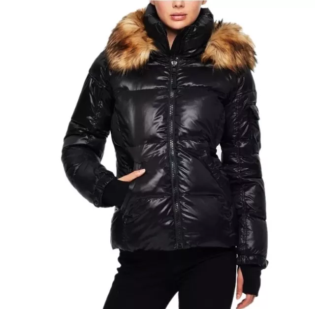 S13 Allie Women's Jet Natural Faux Fur Trim Hooded Down Puffer Coat M / XL