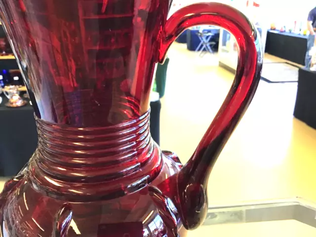 RARE New MARTINSVILLE Radiance Pattern Ruby Pitcher Applied Handle Elegant Depr. 3