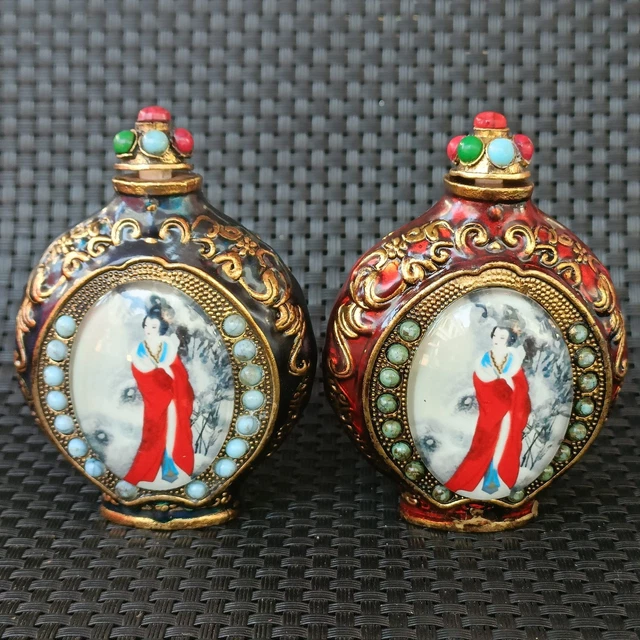 Antique Luminous Classical Beauty Tibetan Silver Cloisonné Snuff Bottle 2pcs