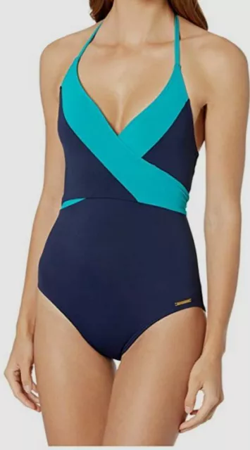 $371 Vince Camuto Women's Blue Color Block Halter One-Piece Swimsuit Size 14