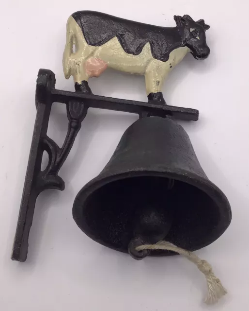 Vintage Cast Iron Dinner Farm Bell Painted Cow Wall Mount