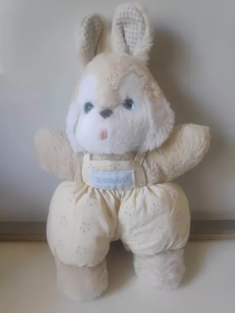 Peluche doudou lapin beige écru jaune vichy bleu blanc grelot Nounours vintage
