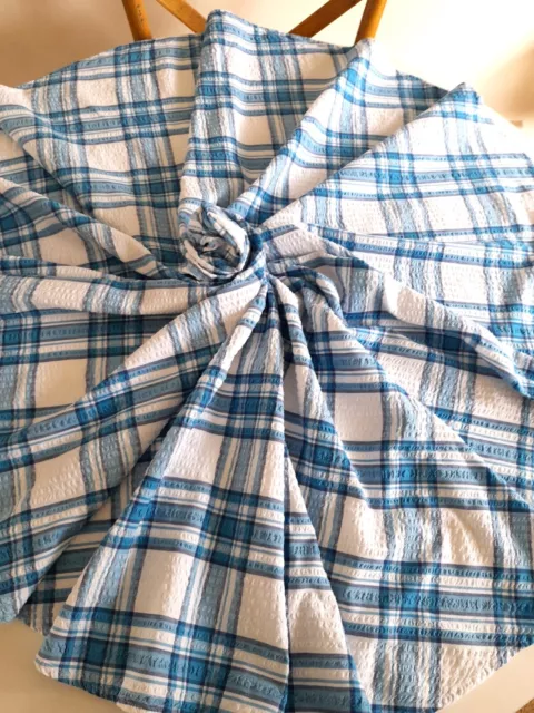 Vintage Retro Round Seersucker Blue & White Check Tablecloth 143cm