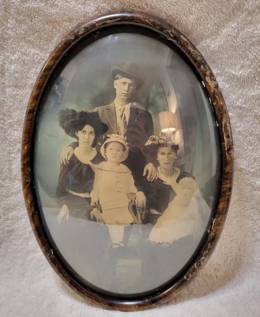 Antique Convex Bubble Glass Tiger wood Framed Family Portrait Unique