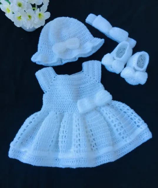 crochet newborn baby girl coming home outfit white baby dress , handmade