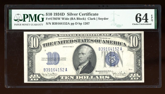 DBR 1934-D $10 Silver Wide Fr. 1705W PMG 64 EPQ Serial B39164152A