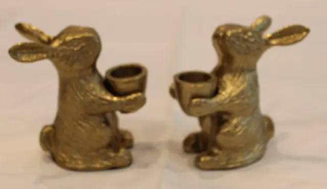 Set of 2 Easter Bunny Candlesticks Gold Gilded Rabbit Taper Candle Holders 3.75"
