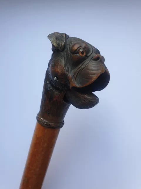 Antique Black Forest style Wood Carved articulated Bulldog Walking Stick Cane