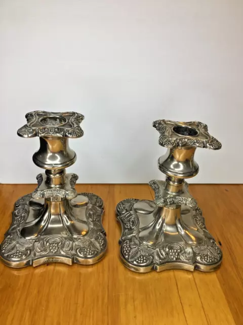 Pair Vintage Silver Plated Made In England Embossed Heavy Candle Stick Holders