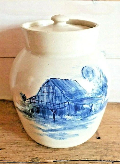 Vintage PR Storie Pottery Co Marshall Texas Stoneware Jar Blue Barn 8.5"