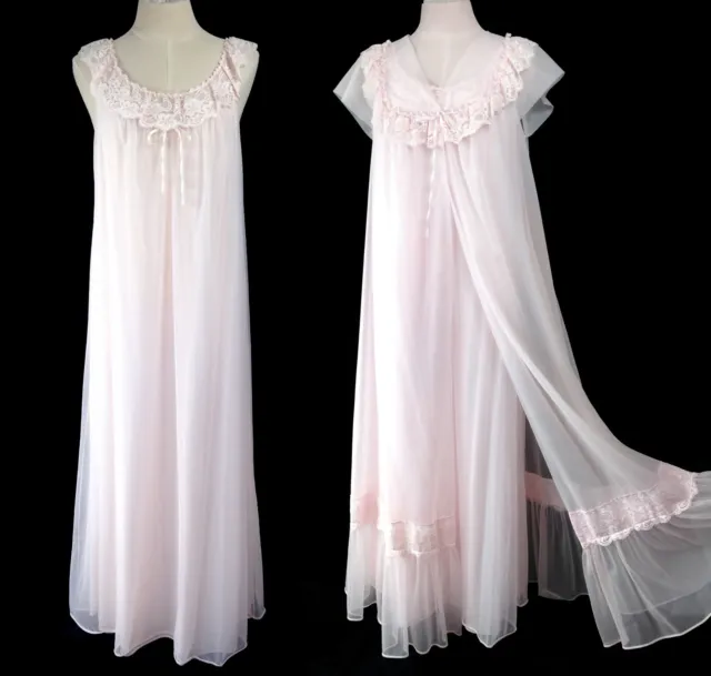 VINTAGE SHADOWLINE PINK Chiffon Lace Long Nightgown Robe Peignoir Set ...