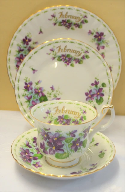 Royal Albert Flower the Month February Violets Quad Cup Saucer Tea & 8" Plate
