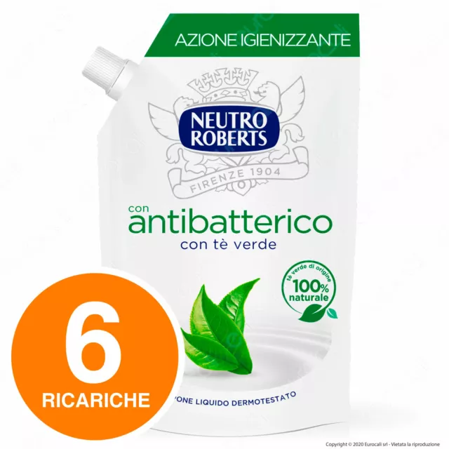 6x Neutro Roberts Ricarica Sapone Liquido Detergente Tè Verde Mani Viso Corpo