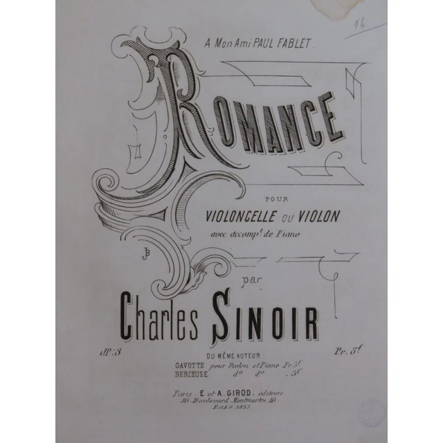 SINOIR Charles Romance op 3 Piano Violon ou Violoncelle ca1880
