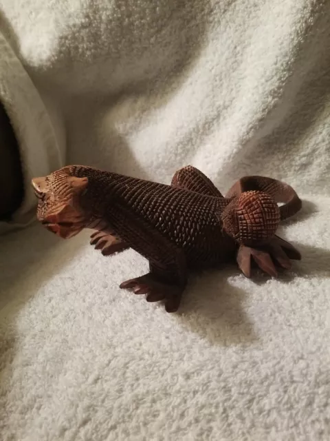 Hand Carved Realistic Wooden Lizard Monitor Sculpture Reptile Statue 13" x 7"