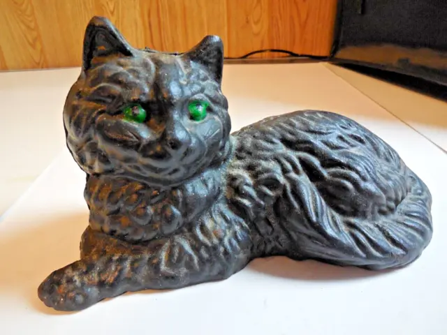 U5 Vtg Black Cat Kitten Cast Iron Doorstop Door Stop Figurine Green Eyes Heavy