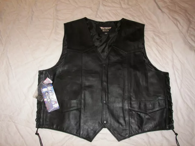 Biker's Club Black Leather Vest - Size 56 - New with Tags - Buffalo Side Laced