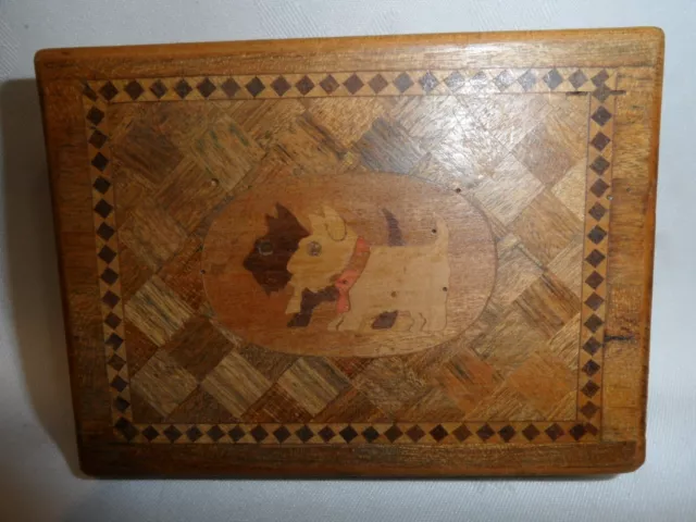 Small  Japanese Decorative Inlaid Wooden Box With Two Scottie Dogs On The Lid 2