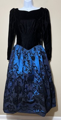 Vintage 80s Scott McClintock Black Velvet Blue Satin Ball Gown Dress Size 8 Prom
