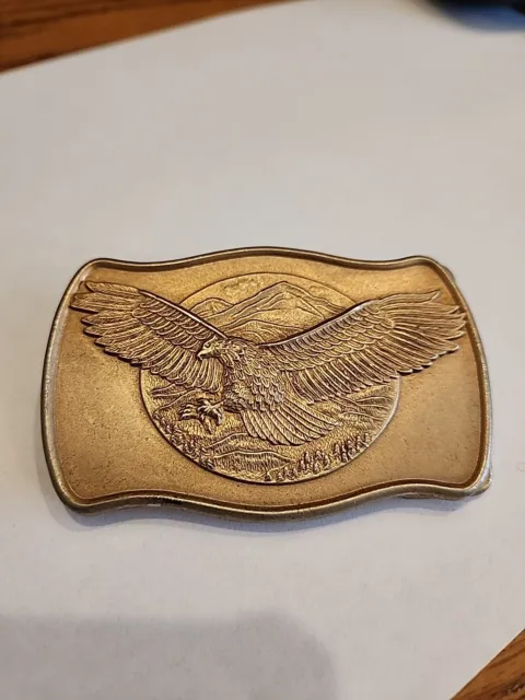 Vintage Rectangular FLYING EAGLE Mountains Belt Buckle 3"x2" Rope Border Brass