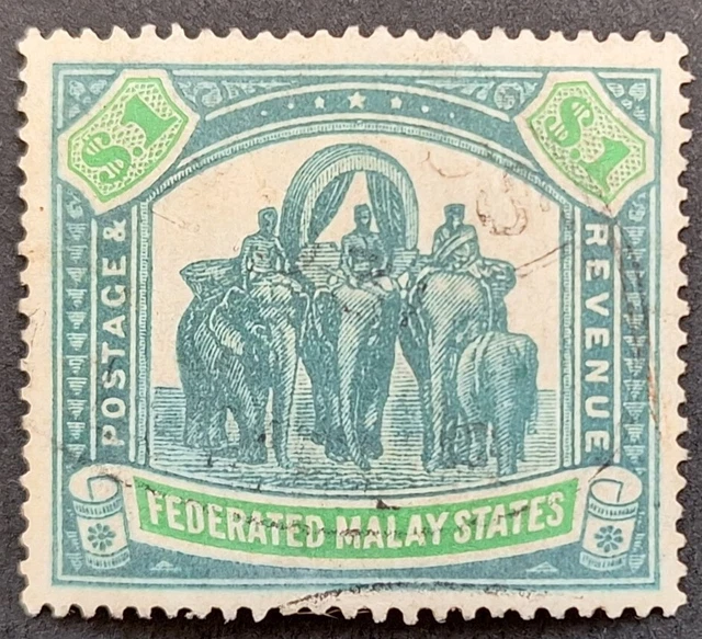 Malaysia Federated Malay States 1922-34, $1 grey- green & emerald Used