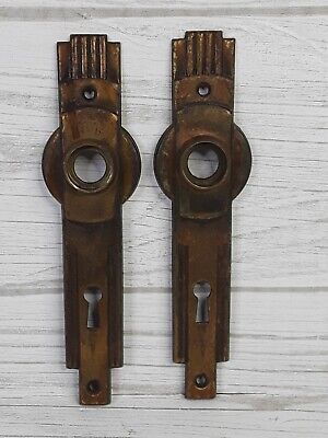 Pair Vintage Art Deco Doorknob Backplates Brass Finish Pair of Deco Escutcheons