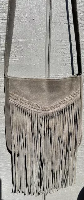 Earthbound Trading Co. Grey Braid Fringe Bag Suede Leather Crossbody Boho Purse