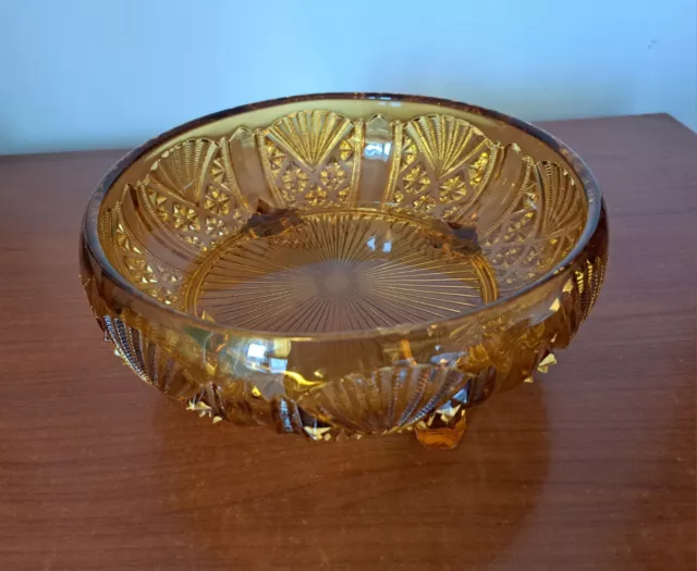Vintage Art Deco Amber Glass 4 Footed Bowl