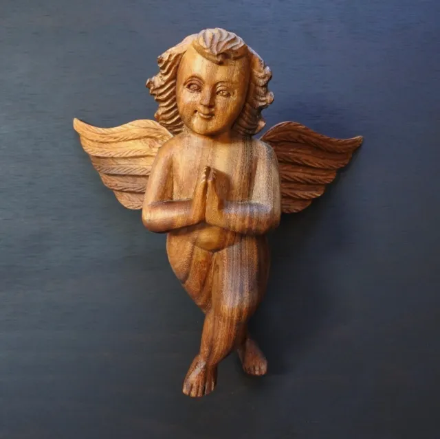 Vintage 13" Hand Carved Wooden Angel Cherub Ornament Folk Art Figurine