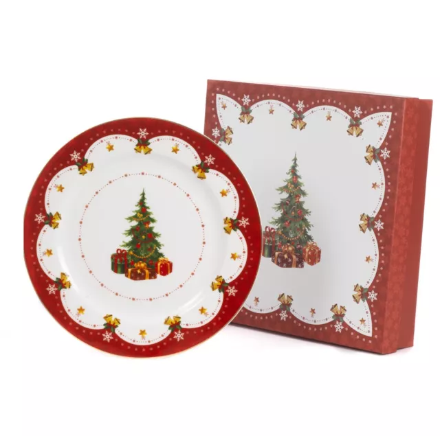 Piatto Piano con Decorazione Albero di Natale 27 cm in Porcellana con Gift Box