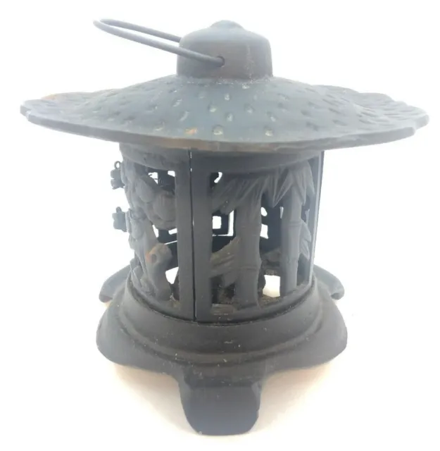 Vintage 6” Cast Iron Asian Japanese Pagoda Garden Lantern, Bird Bamboo