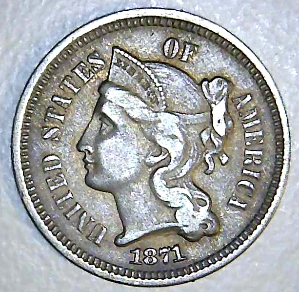 1871 US Three Cent Nickel 3c - Better Coin Tough Date - Free Shipping  (PA76)
