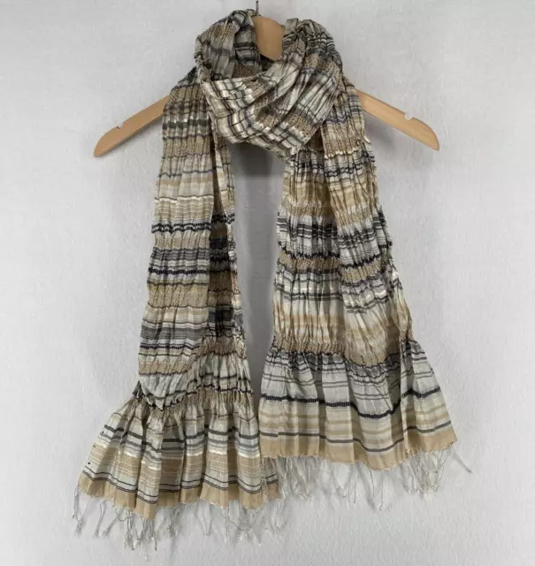 EILEEN FISHER Scarf OS Handloom Crinkle Silk Striped Shirred Tasseled Beige