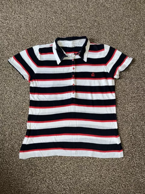 BEN SHERMAN Womens Blue White Red Striped Collared T-shirt Polo Top. Size L / 12