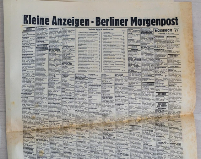 Berliner Morgenpost Zeitungsausschnitt kleine Anzeigen 6 Juli 1958