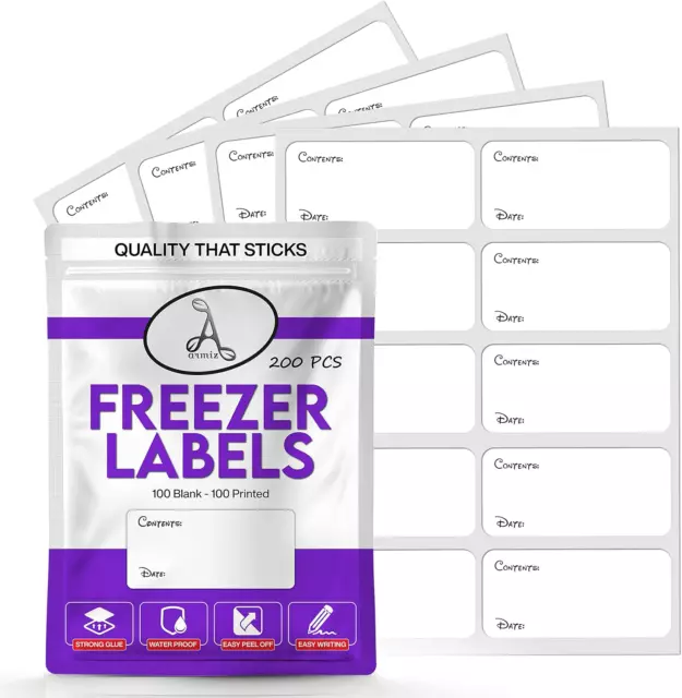 200 x Freezer Labels Easy Peel Off Printed & Blank - Frozen Food Freezer Labels